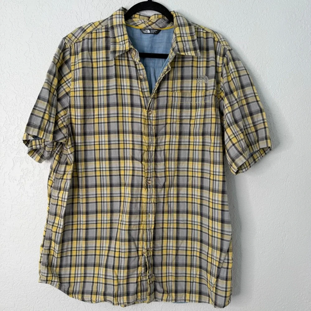 The North Face Mens XL Short Sleeve Plaid Button Down Shirt Yellow Grey Check